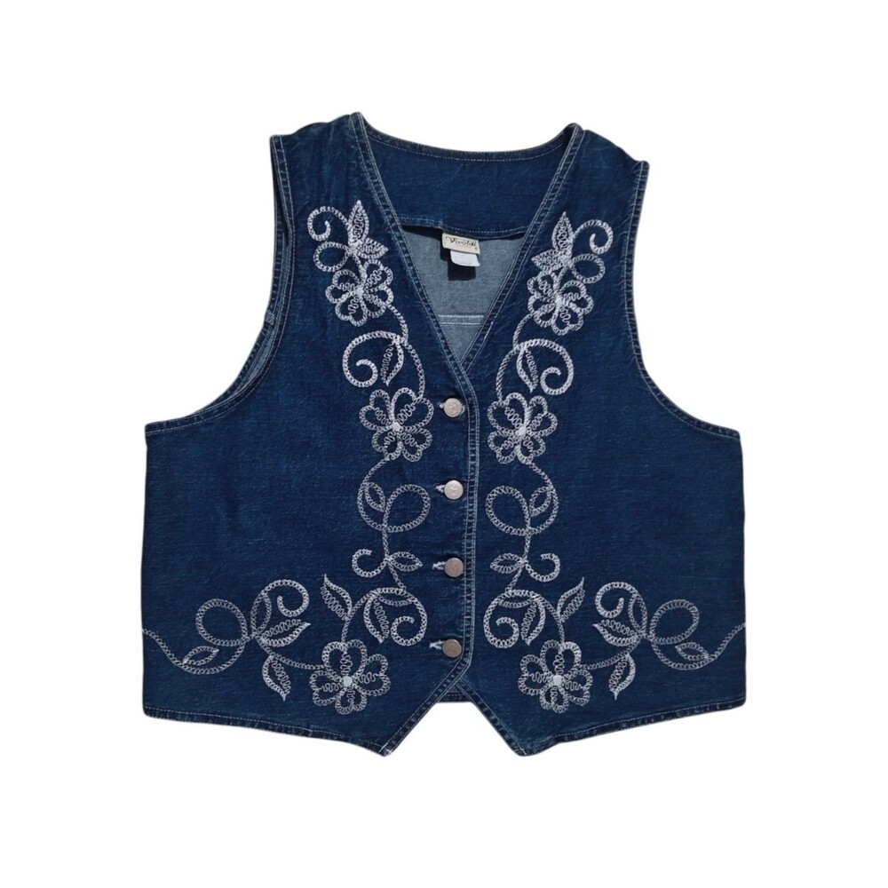 Vtg Floral Denim Jeans Vest Womens L Large 90s Embroidered Cotton Boho Western